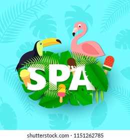 Word SPA composition with jungle leaves ice cream toucan flamingo on blue background in paper cut style, Tropical birds craft white letters for design poster flyer T-shirt printing Vector illustration