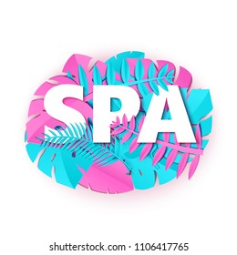 Word SPA composition with pink blue jungle leaves on white background in paper cut style. Tropical craft leaf and white letters for design poster, banner, flyer T-shirt printing. Vector illustration.