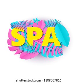 Word SPA composition with pink blue jungle leaves on white background in paper cut style. Tropical craft leaf and yellow letters for design poster, banner, flyer T-shirt printing. Vector illustration.