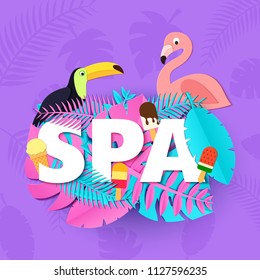 Word SPA composition with pink blue leaves ice cream toucan flamingo violet background in paper cut style. Tropical craft leaf letters for design poster, banner, flyer T-shirt printing. Vector.