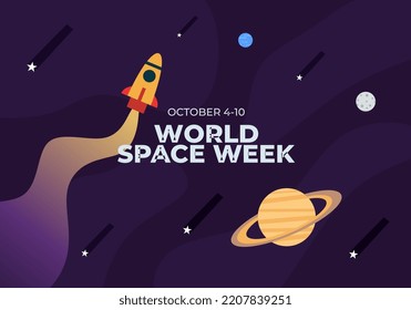 Word space week background with rocket and planets.