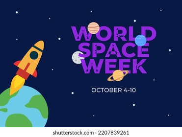 Word space week background with rocket and earth planets.