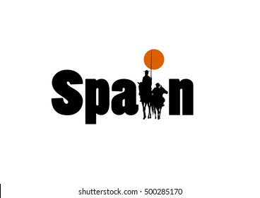 The word Spain with the drawing of Don Quixote de la Mancha silhouette.