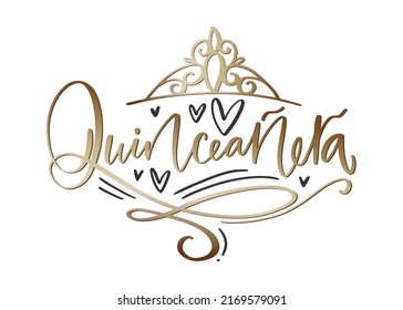 Quinceañera word in Spanish language for teenage girl 15th Birthday party celebration. Calligraphy greeting card in black, white and gold colors. Elegant design with flourishes, hearts, diadem.