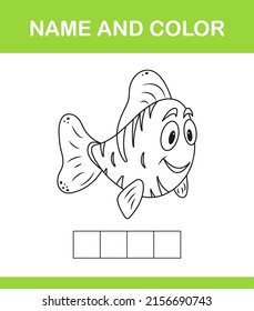 Word spelling game template and coloring book. Educational mini game, puzzle for preschool kids game for children. Cartoon vector illustration.
