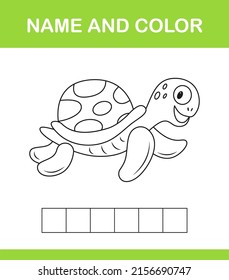 Word spelling game template and coloring book. Educational mini game, puzzle for preschool kids game for children. Cartoon vector illustration.