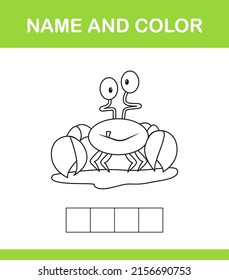 Word spelling game template and coloring book. Educational mini game, puzzle for preschool kids game for children. Cartoon vector illustration.