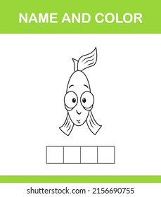 Word spelling game template and coloring book. Educational mini game, puzzle for preschool kids game for children. Cartoon vector illustration.