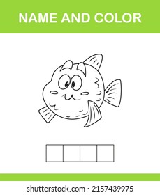 Word spelling game template and coloring book. Educational mini game, puzzle for preschool kids game for children. Cartoon vector illustration.