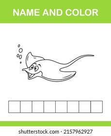 Word spelling game template and coloring book. Educational mini game, puzzle for preschool kids game for children. Cartoon vector illustration.