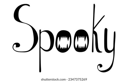 Word SPOOKY text with jaws silhouette. Banner lettering. Happy Halloween. Greeting card. Doodle design. White background. Vector illustration.