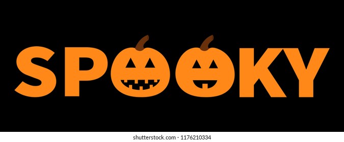Word SPOOKY text with smiling sad pumpkin silhouette. Happy Halloween. Banner lettering set. Greeting card. Flat design. Black background. Vector illustration