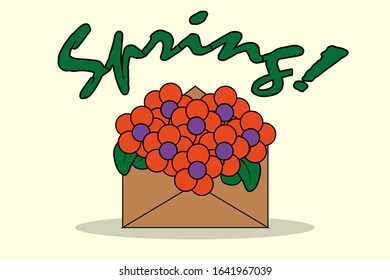 word spring above open envelope with flowers inside. Spring flower concept modern flat vector illustration