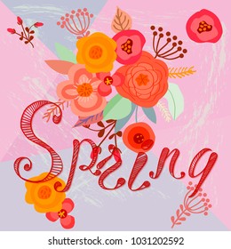 The word spring background with flower bouquet. Vector illustration.