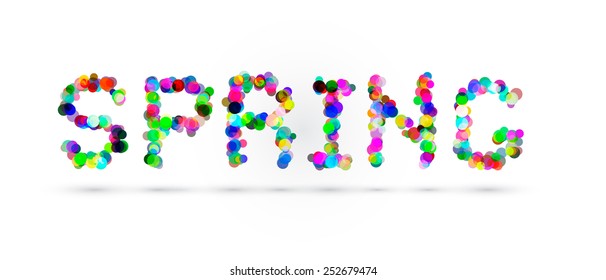 Word spring consist of bright letters with many transparent multicolored round bubbles with shadow