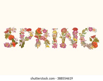 Word SPRING of flower letters. Vector detailed illustration