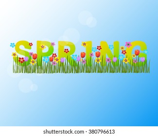 Word spring with flowers and grass against the sky. Vector illustration