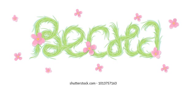 Word Spring. Hand drawn lettering card in russian. Symbol with the green grass texture.