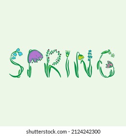 Word Spring, hand drawn lettering, floral design. Colourful lettering illustration.