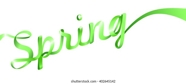 word spring made of beautiful silk or satin green ribbon on white background