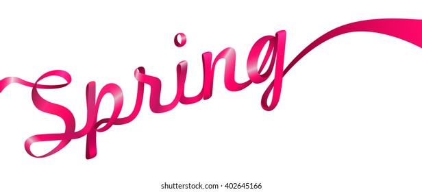 word spring made of beautiful silk or satin pink ribbon on white background