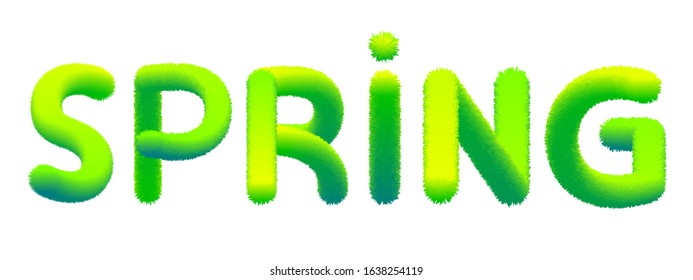 Word Spring made of fur, fluffy. Typography, text, texture, green letters, vector, isolated illustration