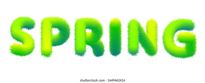 Word Spring made of fur, fluffy. Typography, text, texture, green letters, vector, isolated illustration
