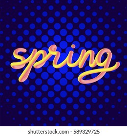 The word "spring" on a bright decorative background.