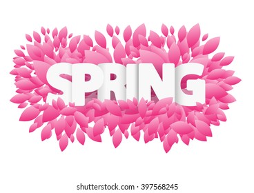 The word Spring. Pink leaves. Vector background. 