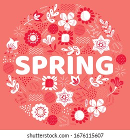 The word SPRING surrounded by leaf and flowers. Vector colorful background illustration.