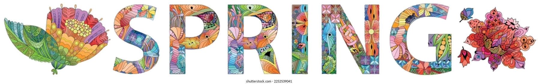 Word SPRING. Vector decorative zentangle object for any purpose