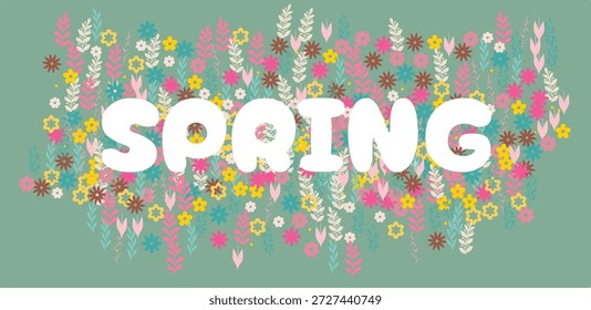 La palabra PRIMAVERA escrita en letras blancas en negrita sobre un campo denso de coloridas ilustraciones de flores silvestres sobre un fondo Horizontal verde sabio