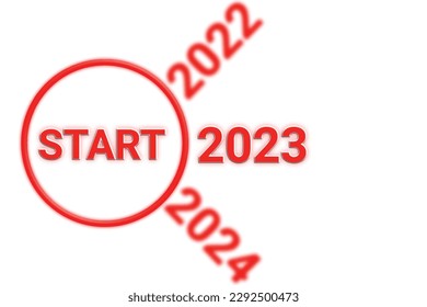 La palabra comienza 2023 con un círculo rojo sobre un fondo blanco. Adecuado para tarjetas de felicitación, afiches y banner. Ilustración del vector