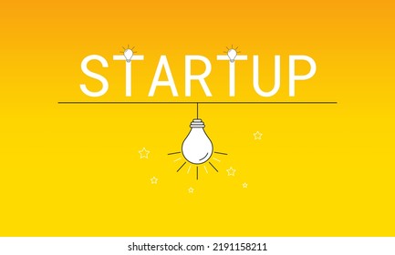 Word Start up with light bulbs in their letters on hanging bulb. Concept of new business, entrepreneurship and good ideas.