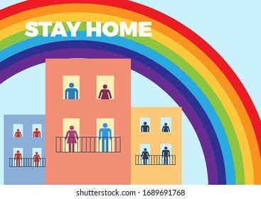 The word Stay Home, save you by coronavirus. Vector background with family inside rainbow