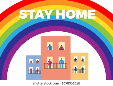The word Stay Home, save you by coronavirus. Vector background with family inside rainbow