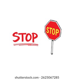 The word STOP in bold red next to a simple red stop sign-like visual signaling a clear limit