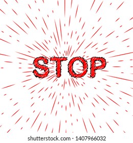 The word Stop red with rays in retro style