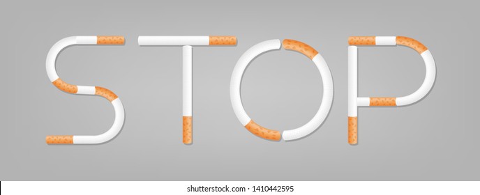 the word stop spelled using cigarettes, stop smoking, stop cigarette using isolated on grey background, alphabet stop of cigarette