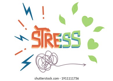 Word stress in cartoon style isolated white background. The concept of moving from stress to calm. Vector illustration of an inscription with three dimensional decorated letters, zippers and leaves.