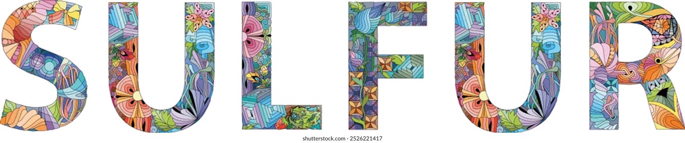 Palabra AZUFRE. Es un elemento químico. Objeto decorativo del zentangle del Vector para cualquier propósito