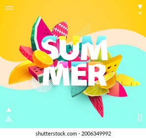 Word "summer" with colorful citrus fruits and tropical leaves. Bright holiday illustration