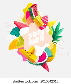 Word "summer" with colorful citrus fruits and tropical leaves.