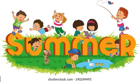 Word summer with colorful and happy kids