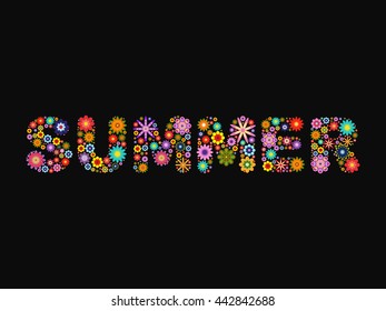 word SUMMER composed of vector flowers on black