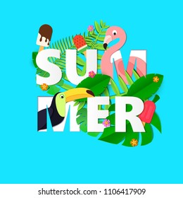 Word SUMMER composition with flowers jungle leaves toucan flamingo and ice cream in trandy paper cut style. Tropical craft design for your poster, banner, flyer. Vector card illustration.