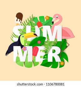 Word SUMMER composition with flowers jungle leaves toucan flamingo and ice cream in trendy paper cut style. Tropical craft design for your poster, banner, flyer. Vector card illustration