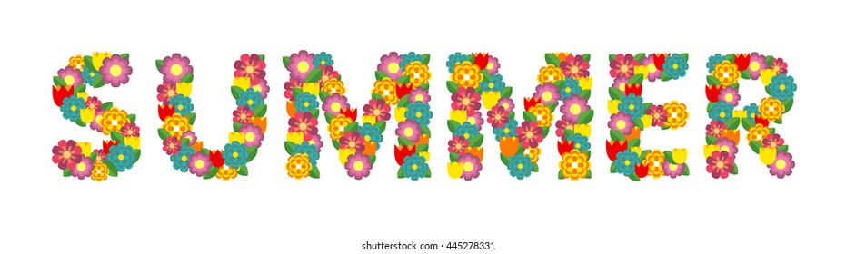Word Summer consist of different flowers isolated on the white background. Vector summer concept. 