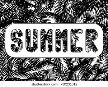 The word summer cut in a white frame on seamless background from the chaotic palm leaves. For gift packs and logos