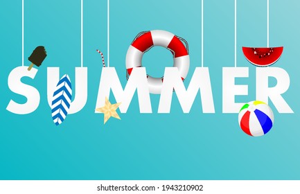 La palabra verano con decoración veraniega colgada, ilustración de arte vectorial.